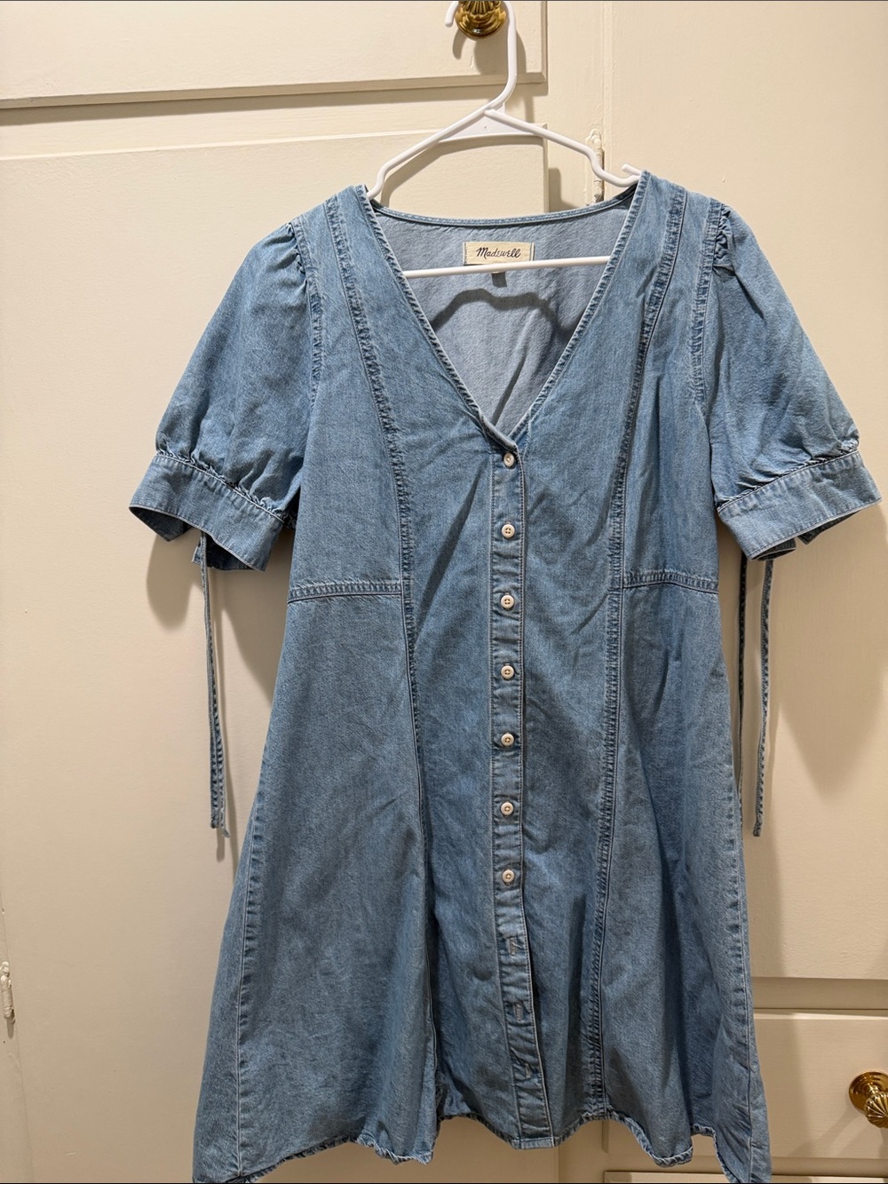 Madewell Light Blue Denim Button-Front Swing Dress with tie sleeves